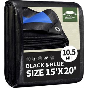 RAINDEWAY 15 Feet Tarps Heavy Duty Waterproof 10.5 Mil Outdoor Poly Tarp Metal Grommets and Reinforced Edges,UV Resistant,Finished Size,Great for Camping Tent Firewood Car,Black/Blue