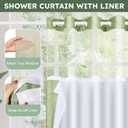 FADOTY No Hook Shower Curtain and Snap in Liner Set Sage Green Tufted Chevron Striped Cloth Waterproof Washable Fabric Boho Bath Curtain with See Through Mesh Top Window for Bathroom Hotel 71" x 74"