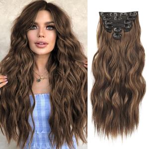NAYOO Clip in Hair Extensions for Women 20 Inch Long Wavy Curly Medium Brown Hairpieces Full Head Synthetic Hair Hairpieces (6PCS,Medium Brown)