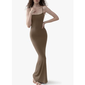 PUMIEY Women's Soft Lounge Long Slip Dress Sexy Sleeveless Backless Bodycon Maxi Dresses for Women Hazelnut, Small size