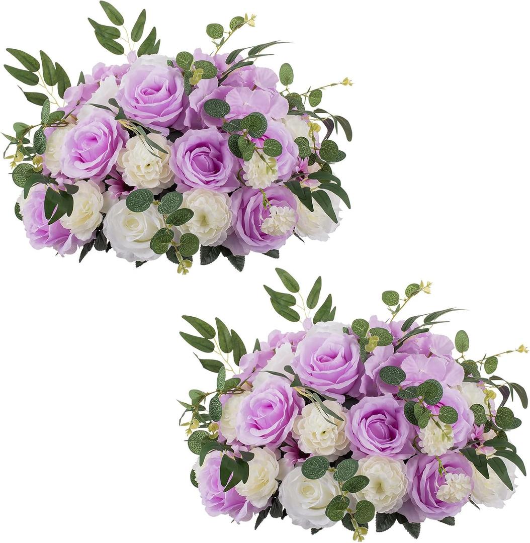 NUPTIO Flower Ball Arrangement Bouquet - 2 Pcs 17.7 inch Diam Light Purple & White Fake Flowers Roses Balls for Centerpieces Tables - Artificial Rose Arrangements Wedding Centerpiece Table Decorations