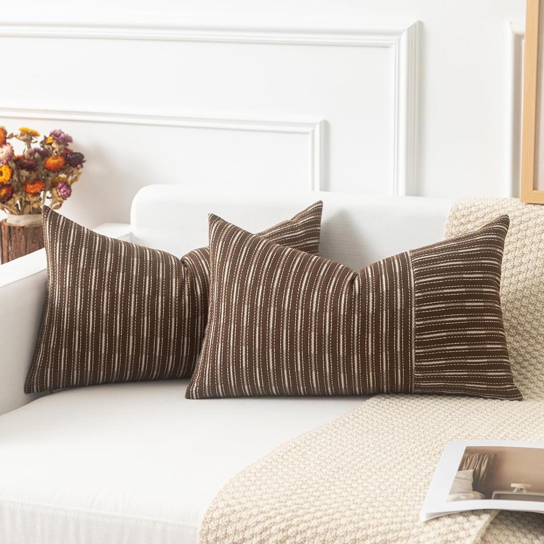 Kevin Textile Brown and Beige Patchwork Farmhouse Throw Pillow Covers 12 x 20 Inch, Pack of 2 Striped Linen Decorative Pillow Case for Sofa Couch Chair Bedroom Modern Decor