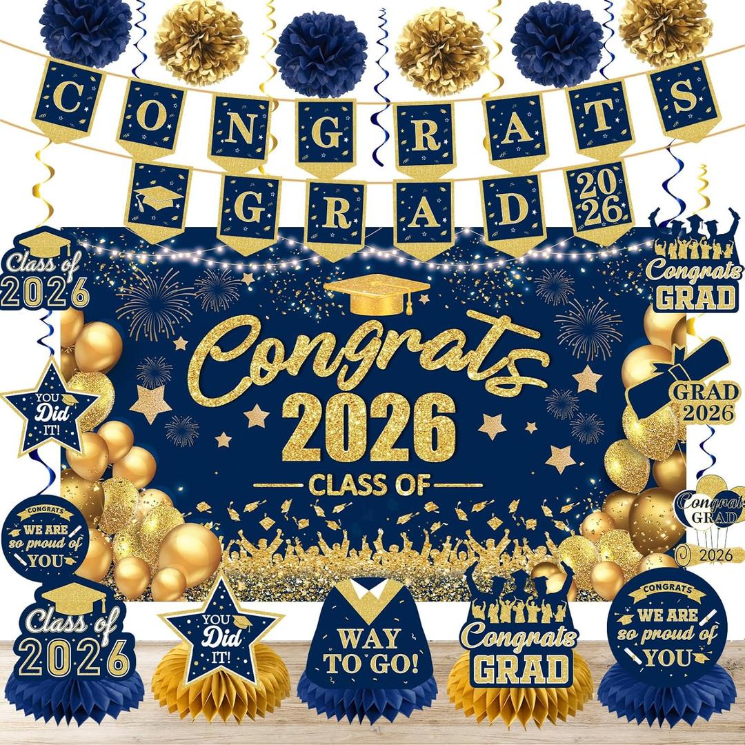 Blue Gold Graduation Decorations Class of 2026 Congrats Grad 2026 Banner and Backdrop with 2026 Graduate Party Centerpieces Hanging Swirls Streamers Tissue Pom Poms Paper Flower Set