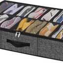 Onlyeasy Sturdy Under Bed Shoe Storage Organizer Fit 8 to 16 Pairs, Collapsible Closet Underbed Shoes Container Bags with Reinforced Handles, 37.7x23.6x5.9in, Linen-like Black, MXAUBS16P1