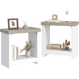 End Tables Set of 2 for Living Room, Narrow Side Tables with Storage Shelves, Square End Table for Bedroom, Slim Nightstand, Skinny Rectangle Accent Table, Farmhouse Bedside Table, White + Gray, 23.62 x 11.81 x 23.62 inches