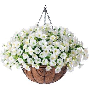 Artificial Fake Hanging Flowers Plants Baskets Spring Outdoor Decor, Outdoor Faux Silk White Morning Glory Eucalyptus in Planter UV Resistant Realistic for Outside Porch Patio Balcony Garden Yard Home (12 Bundles)