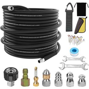 Sewer Jetter Kit for Pressure Washer,Water Jet Drain Cleaning Hose with Corner Rotating Button Spring Nose 1/4" NPT Sewer Cleaning Tool High-Pressure Nozzles,5800 PSI 50 FT