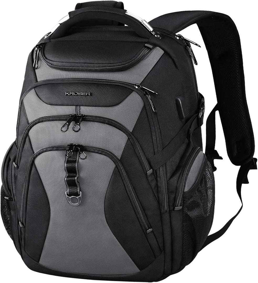 KROSER Travel Laptop Backpack 18.4 Inch XXXL Gaming Backpack with Hard Shell Saferoom RFID Pockets Water-Repellent Business College Daypack Stylish Laptop Bag for Men/Women-Black Grey