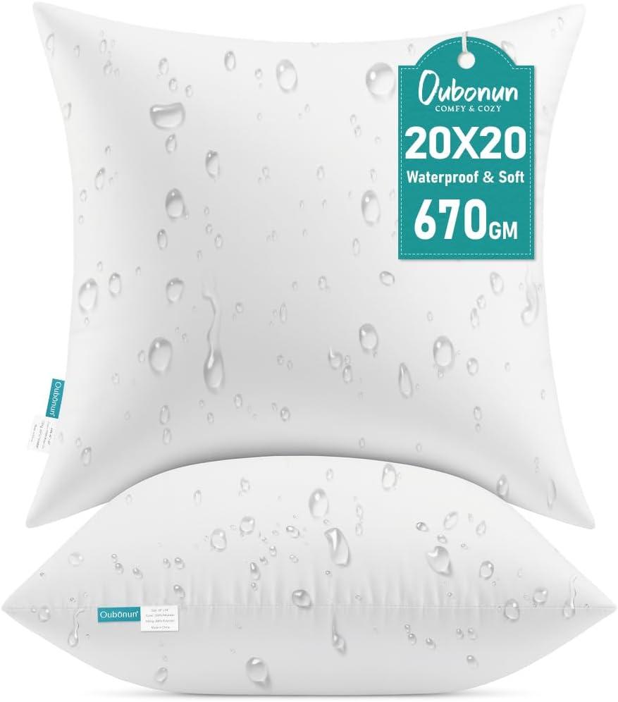 Oubonun 20x20 Waterproof Outdoor Pillow Inserts  Set of 2 Soft & Fluffy, Water Resistant Throw Pillows for Patio, Garden, Porch, or Indoor Decorative