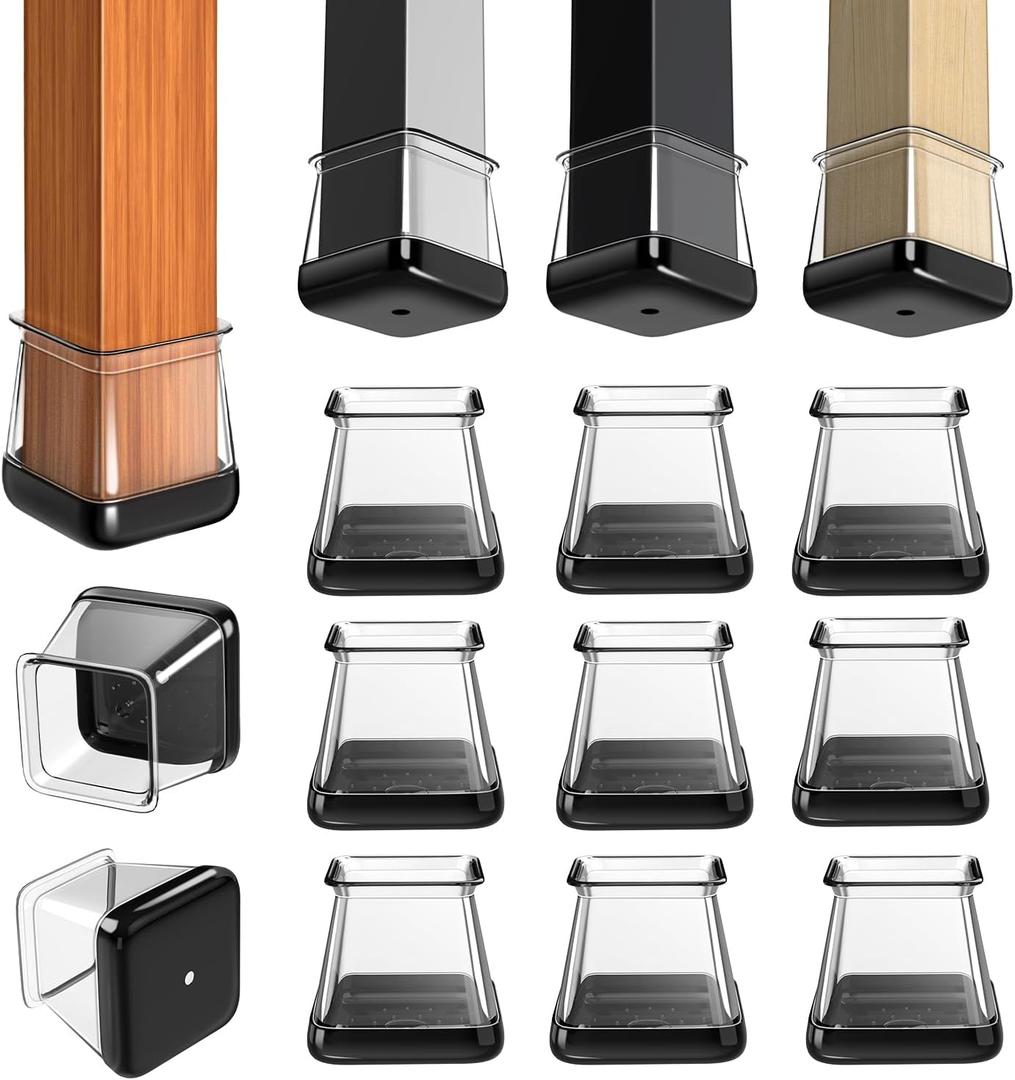 Chair Leg Floor Protectors Furniture Sliders for Hardwood Floors and Carpet Silicone Non Slip Reduce Noise 28 Pcs Clear Square XL Fit:1-1/2" ~ 1-3/4"