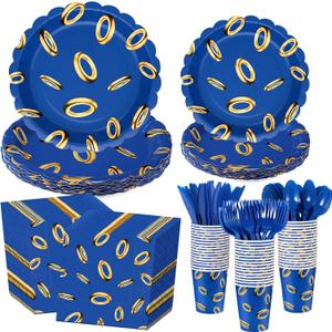 Zhehao 168 Pcs Video Game Party Decoration Cartoon Themed Blue Paper Plates Cup Napkin Knives Fork Spoon for Gaming Theme Birthday Party Disposable Supplies, Serve 24 Guest, Blue and Golden Rings