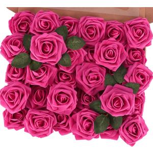 MACTING 30PCS Artificial Flower Roses, Real Touch Fake Flowers with Stems, Foam Roses for Wedding Bouquet Party Centerpieces Baby Shower Home Decorations (Hot Pink)