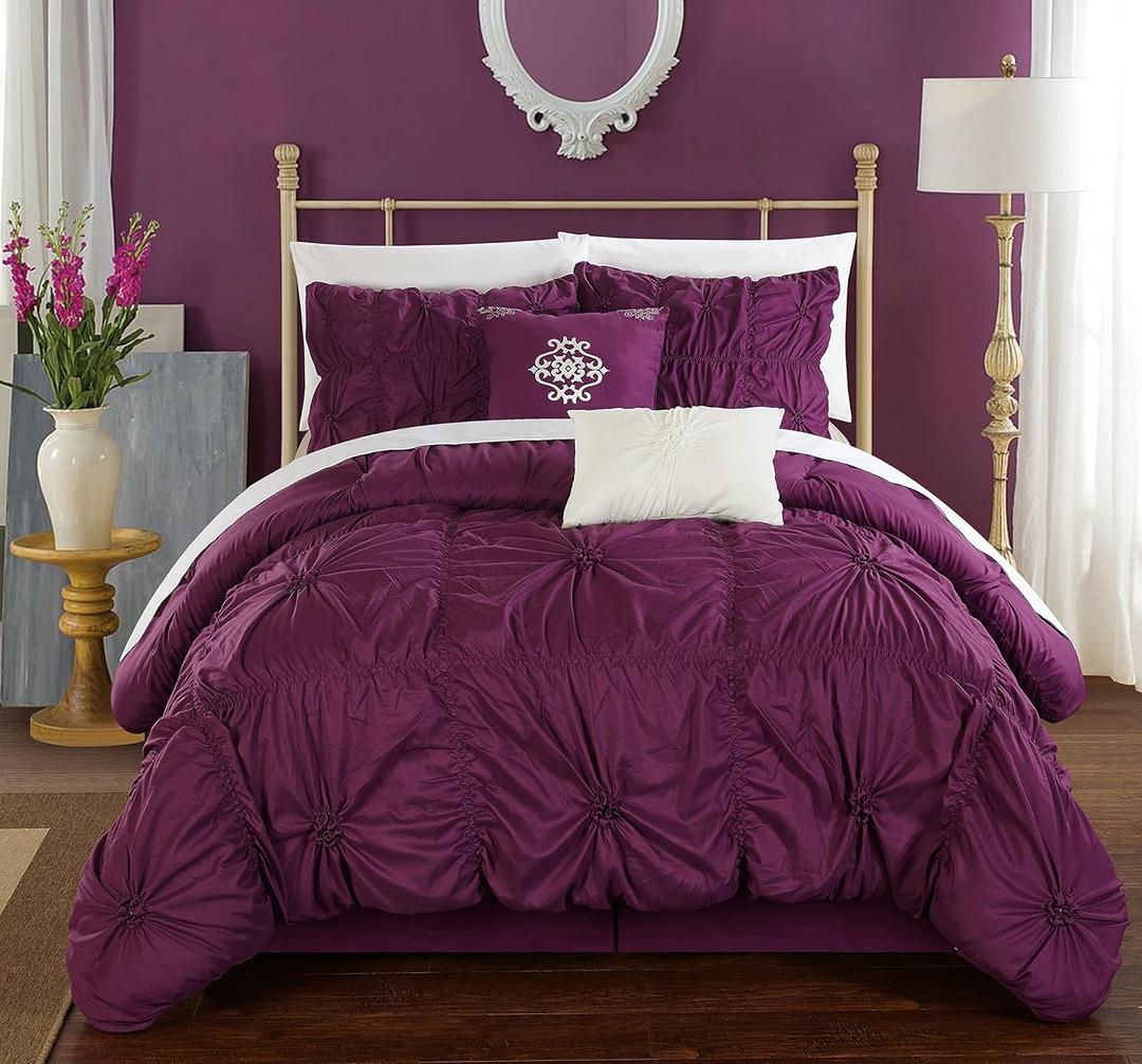Chic Home Purple Bed in a Bag Comforter Set, Queen Size (6 Piece), Halpert - Pintuck Pinch Pleat Microfiber Bedding - Shams, Bed Skirt, Flat & Fitted Sheet, Pillowcases, Breakfast & Decorative Pillow