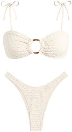 ZAFUL Women's Sexy Tie Spaghetti Strap Bikini Textured O Ring Ruched High Leg Swimsuit Cheeky Bathing Suits, Size 4