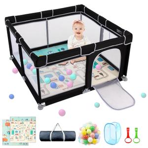 Baby Playpen with Mat, 79”×71” Playpen, Durable and Secure Baby Play Pen, Indoor & Outdoor Kids Activity Play Center. Equipped with Anti-Slip Suckers and a Zipper Gate, Anti-Fall（BLack）