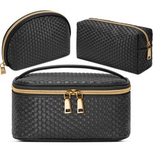 KTMOUW Makeup Bag 3 Pcs Waterproof Cosmetic Bag Portable Travel Cosmetic Bag Weave Organizer Storage Bag (Black)