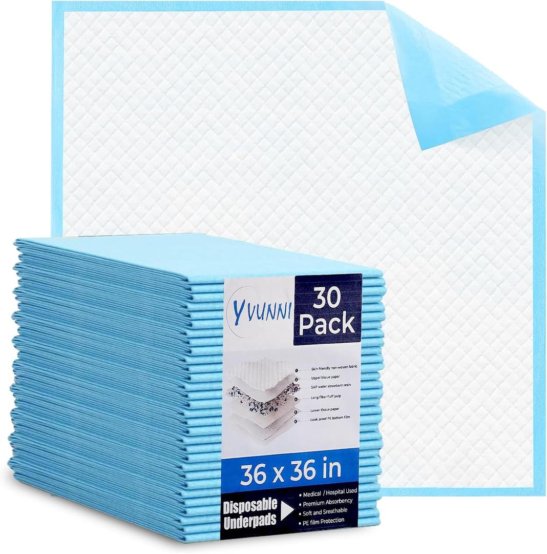 Disposable Bed Pads for Incontinence 36 x 36 inches, 30 Count Adults , Kids, Premium, Absorbency , Medical/ Hospital Used and Soft ,Breathable for Pets Traning,Pe Film Protection