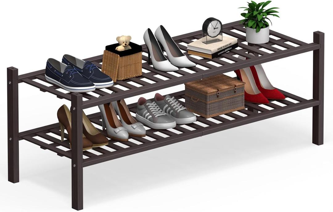 Haddockway Long 2 Tier Bamboo Shoe Rack Storage Organizer, Multifunctional Free Standing Stackable Shoe Shelf with Grid Panel for Closet,Hallway,Entryway,Small Space 34.2"x11"x13" (Brown)