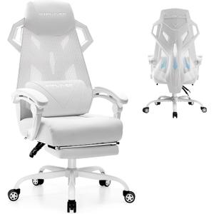 GTPLAYER Gaming Chair, Computer Chair with Mesh Back, Ergonomic Office Chair with Footrest, Reclining Game Chair with Adjustable Headrest and Lumbar Support for Gaming and Office (White)