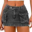 ELLEVEN High Stretchy Cargo Skirt for Women, Low Waist Y2k Mini Skirt Cute Denim Skirt with Pockets M