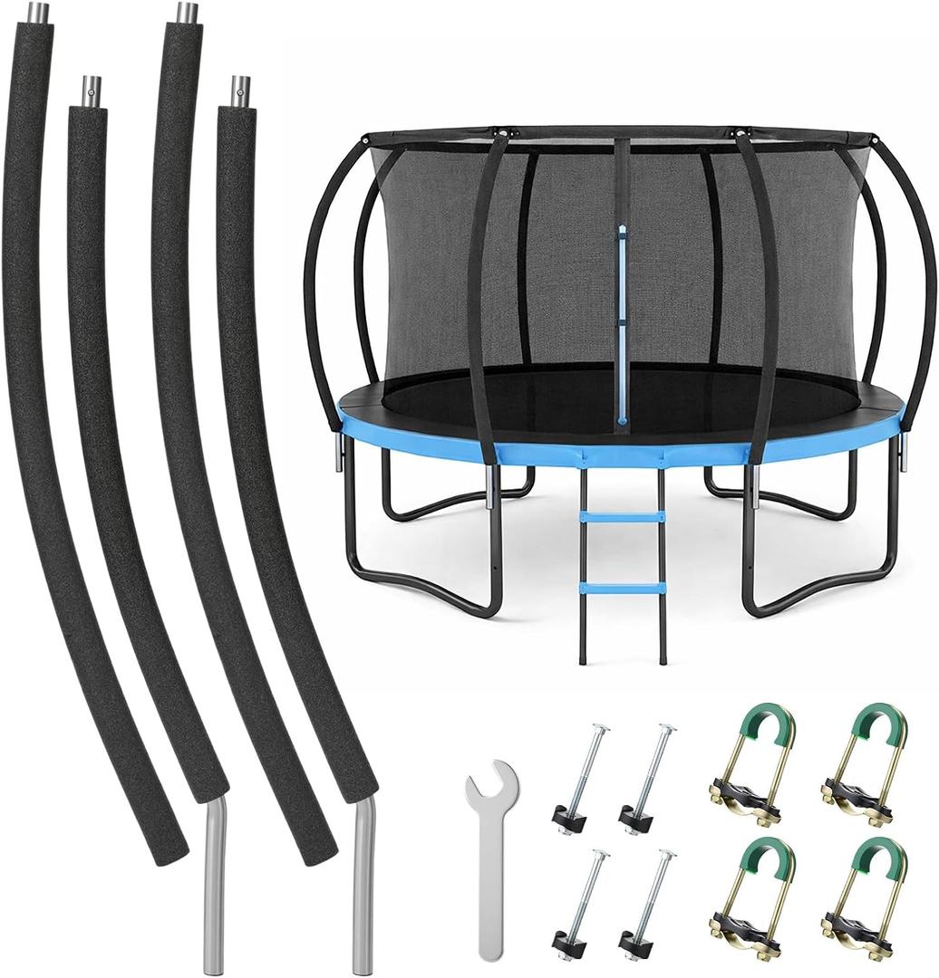 Trampoline Poles Replacement, Fit for 8-16ft Frame, Universal Curved Enclosure Net Pole, Includes Mounting Hardware & Foam Cover, 2 Installation Options
