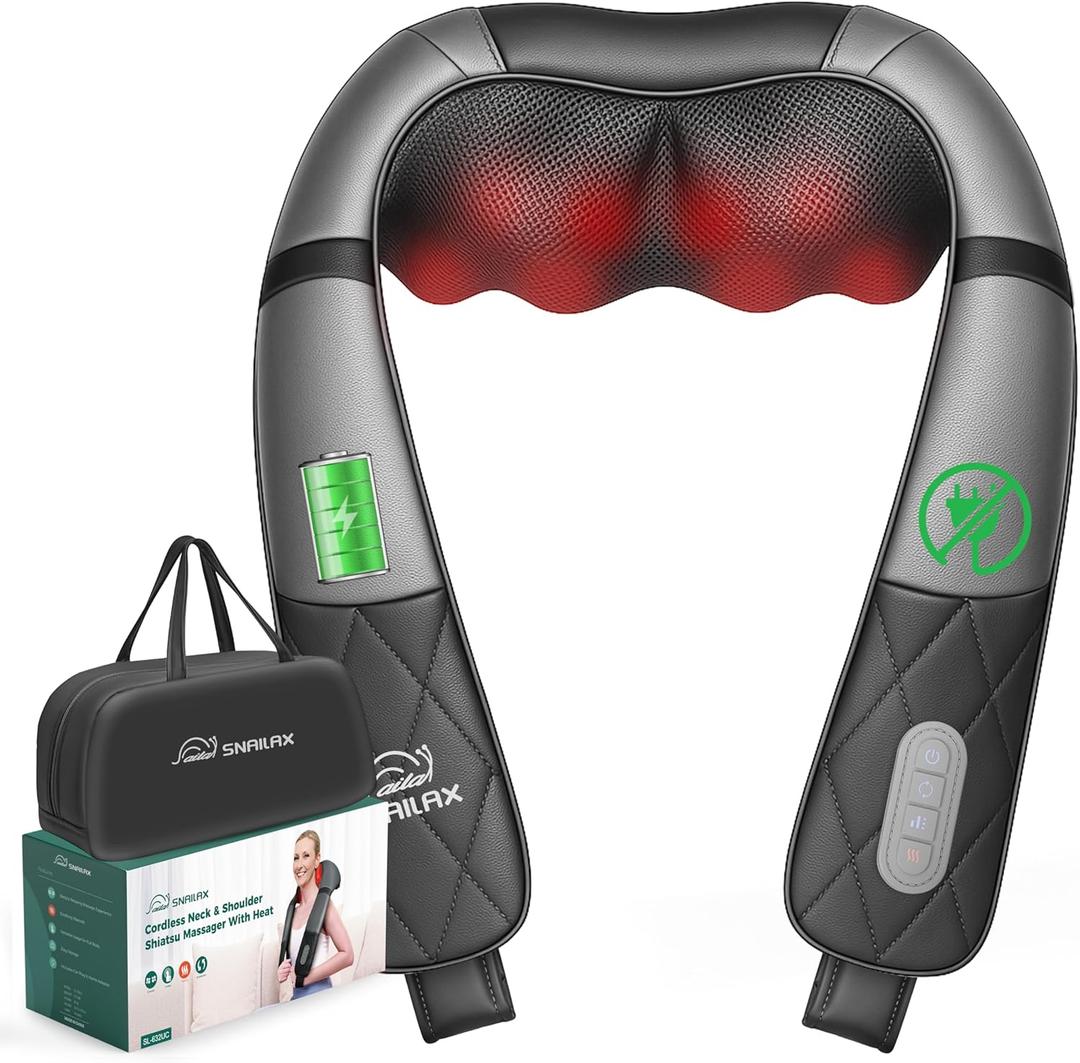 Snailax Rechargeable Neck Massager with Heat, Shiatsu Back and Neck Massager, Cordless Portable Deep Kneading Shoulder Massage Pillow, Gifts for Dad Mom (Black Grey)