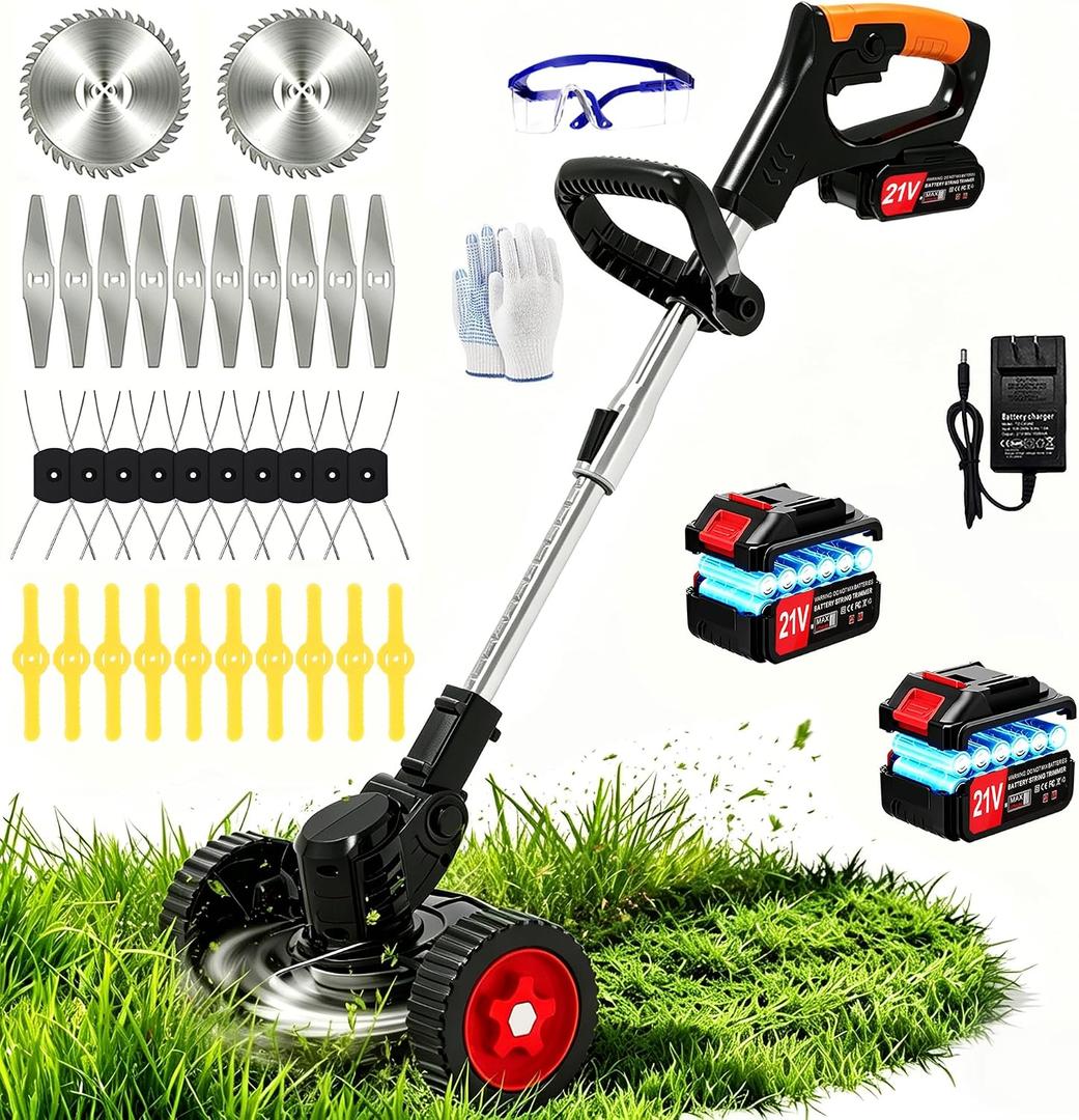 Electric Weed Wacker Cordless with Wheels,21V Lightweight Electric Weed Eater Battery Powered,4 in 1 Grass Trimmer/Brush Cutter/Lawn Edger/Lawn Mower,No String Trimmer Battery Operated for Garden Yard