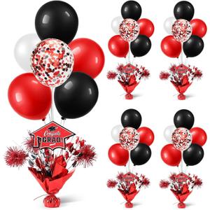 4 PCS Graduation Centerpieces for Tables Balloons Stand Holder Kit College Graduation Decorations 2025 Metallic Glitter Foil Balloon for Graduation Party Decorations (4, Red Black)