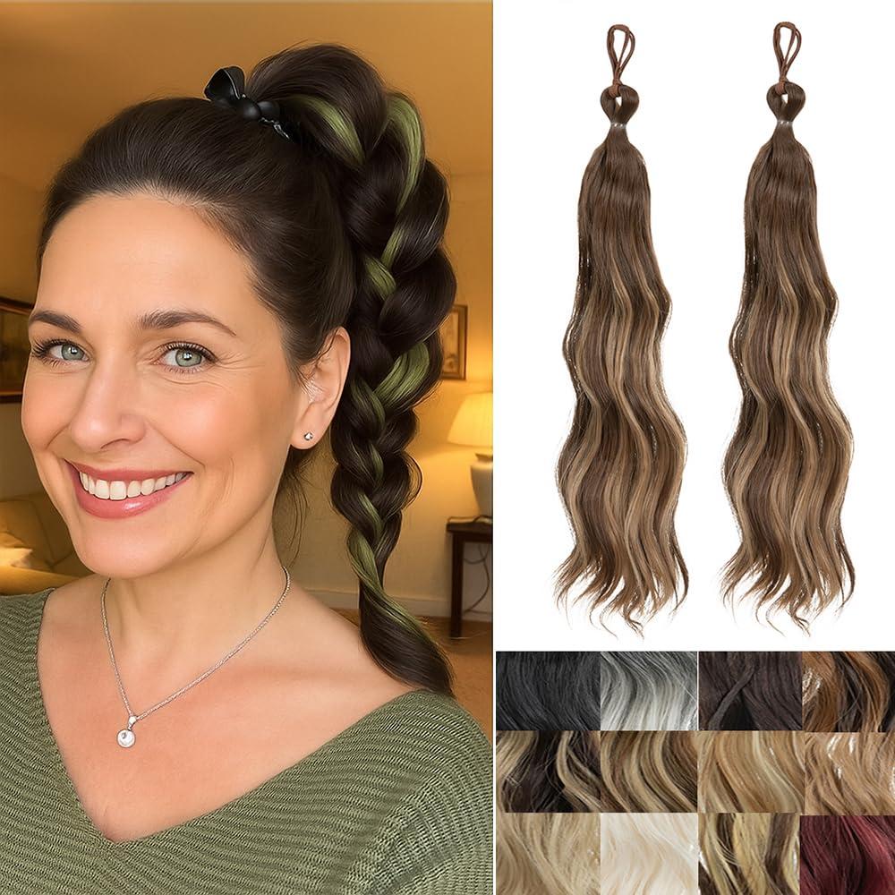 IOVOIMMSL 2 Piece Braid Wig Hair Piece Wavy Curly Scrunchies Synthetic Chignon Ponytail Hair Extensions Thick Updo Hairpieces for Women (Brunette And Honey Blonde)