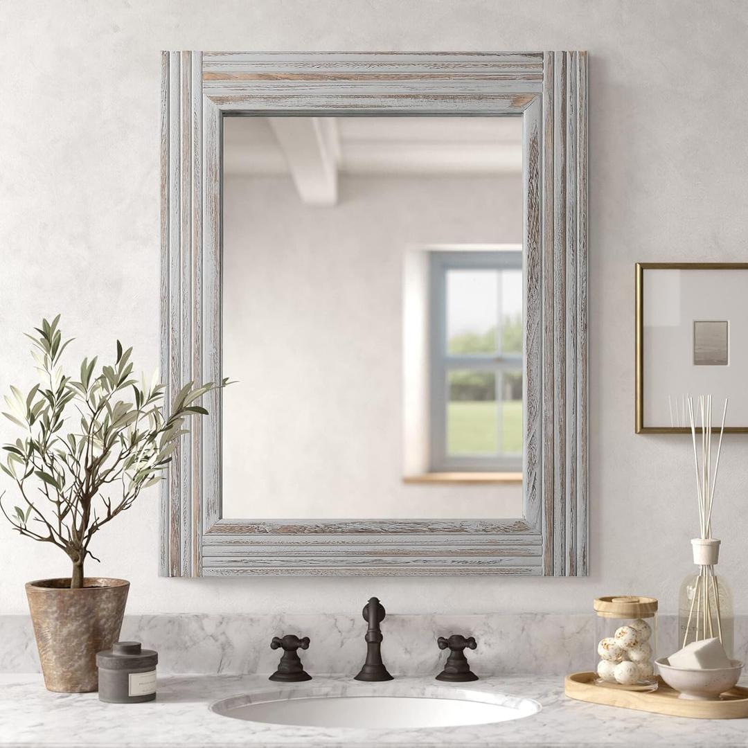 YOSHOOT Hand-Made Wooden Spliced Wall Mirror for Bathroom, Rustic Farmhouse Vanity Mirror, Dcor Wall Art, Solid Wood Frame, Vertical or Horizontal Hanging (32"L x 24"W, Spliced White Grey)