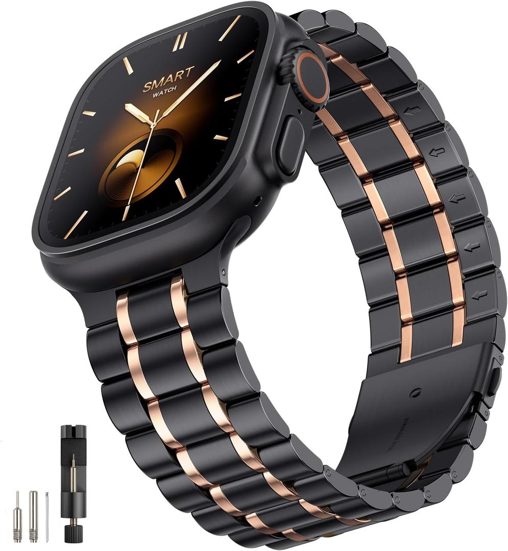 Bestig Compatible with Apple Watch Bands for Men Women 40mm 38mm 41mm 42mm(Series 11 10), Premium Solid Stainless Steel Metal Business Strap for iWatch Series 10 9 8 7 6 SE 5 4 3 2 1, Black/Rose Gold