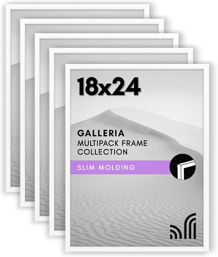Americanflat 18x24 Poster Frame with Polished Plexiglass - Set of 5 - Galleria Collection - Picture Frames for Wall Display - White