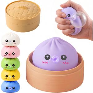 Dumpling Squishy Toy with Bubble Blowing Feature, Squishy Dumpling Stress Relief Toy, Cute Bao Bun Squeeze Toy with Steamer Box, Soft Sensory Fidget Desk Toy Gift (1, Purple)