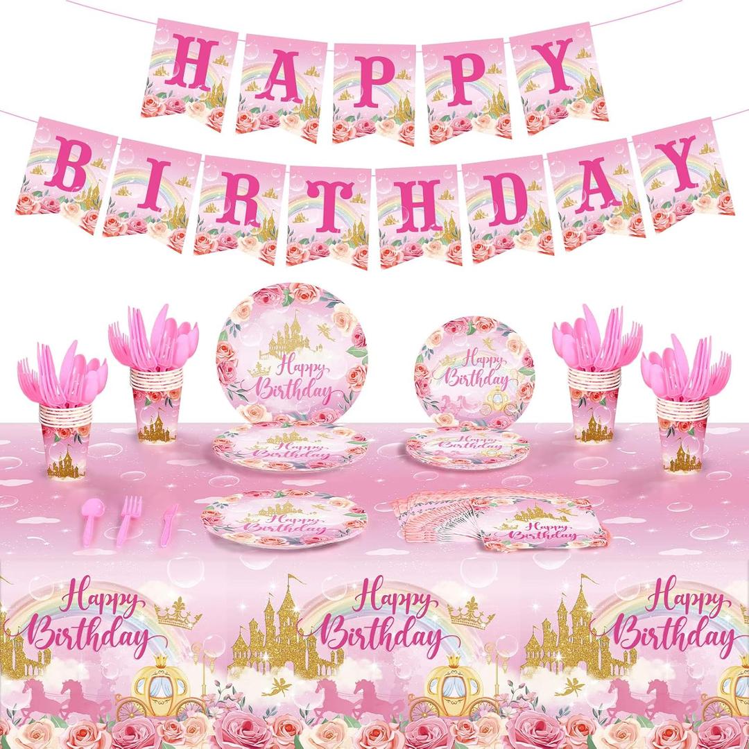 172 Pcs Princess Birthday Party Supplies Serves 24 Include Castle Tablecloth Pink Princess Birthday Banner Party Plates and Napkins Tableware Set for Girls Theme Decorations