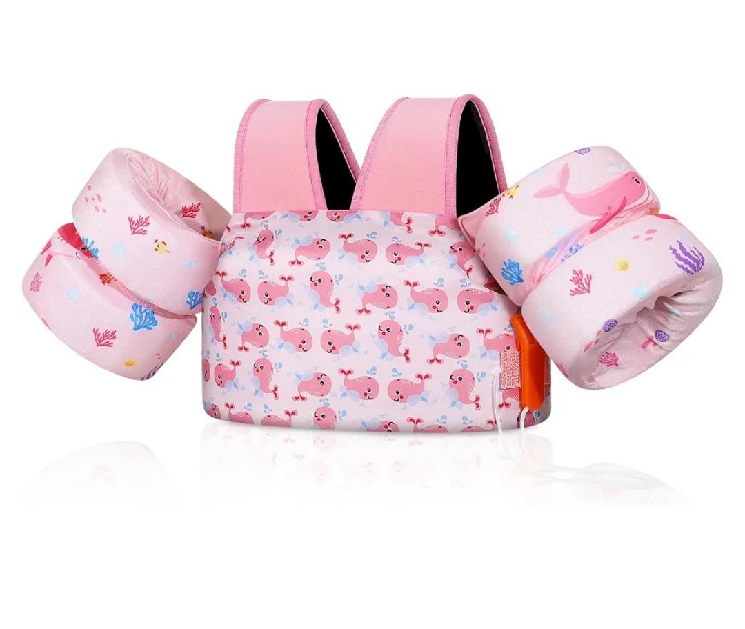 MoKo Toddler Swim Vest for Kids, Swim Arm Floaties 22-66lbs Cartoon Swimming Water Wings Pool Float Vests Sleeves Shoulder Straps Arm Band for Children Learn to Swim, Pink & Whale