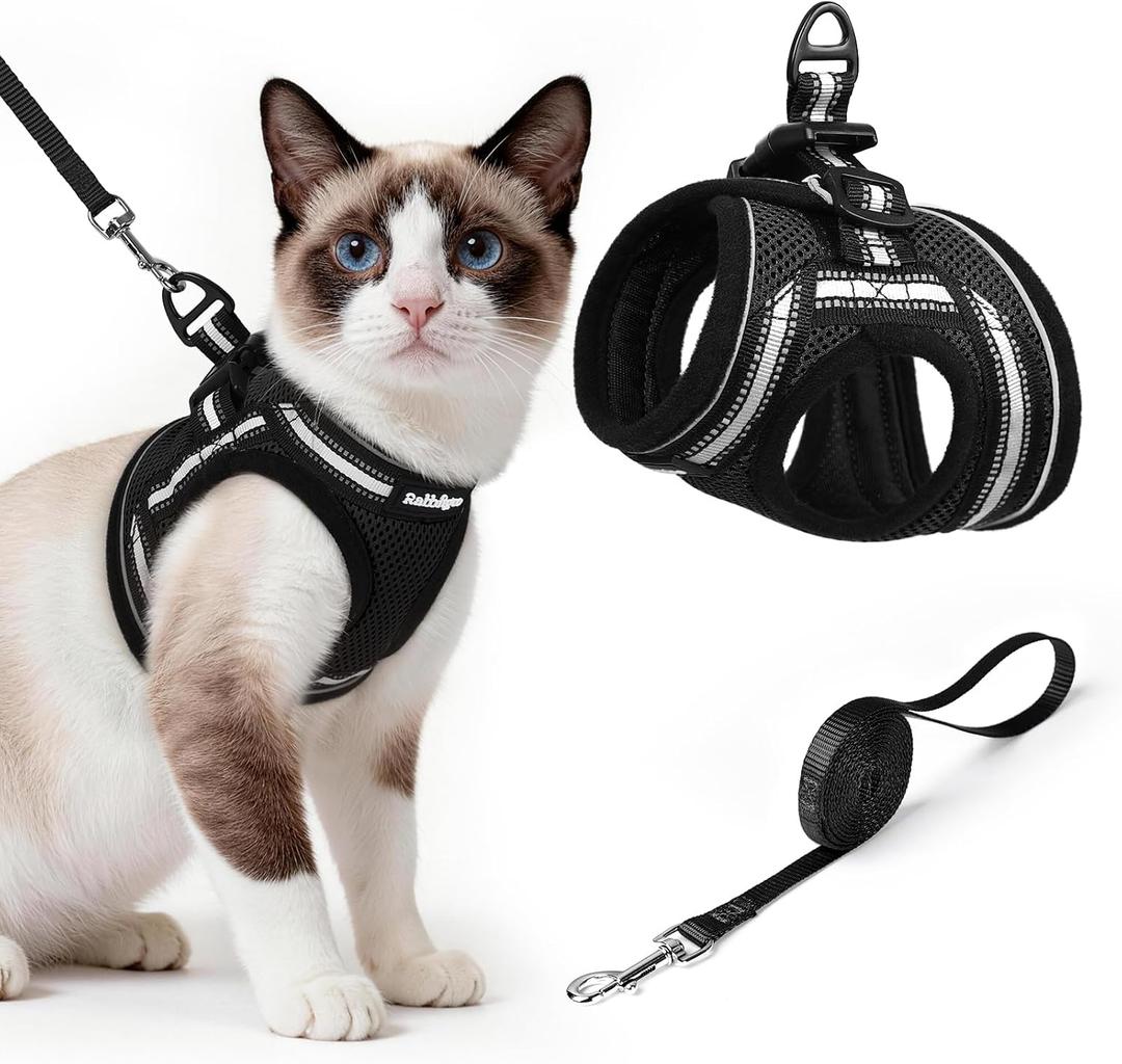 rabbitgoo Cat Harness and Leash Set for Walking Escape Proof, Adjustable Soft Kittens Vest with Reflective Strip for Cats, Comfortable Outdoor Vest, Black, Large
