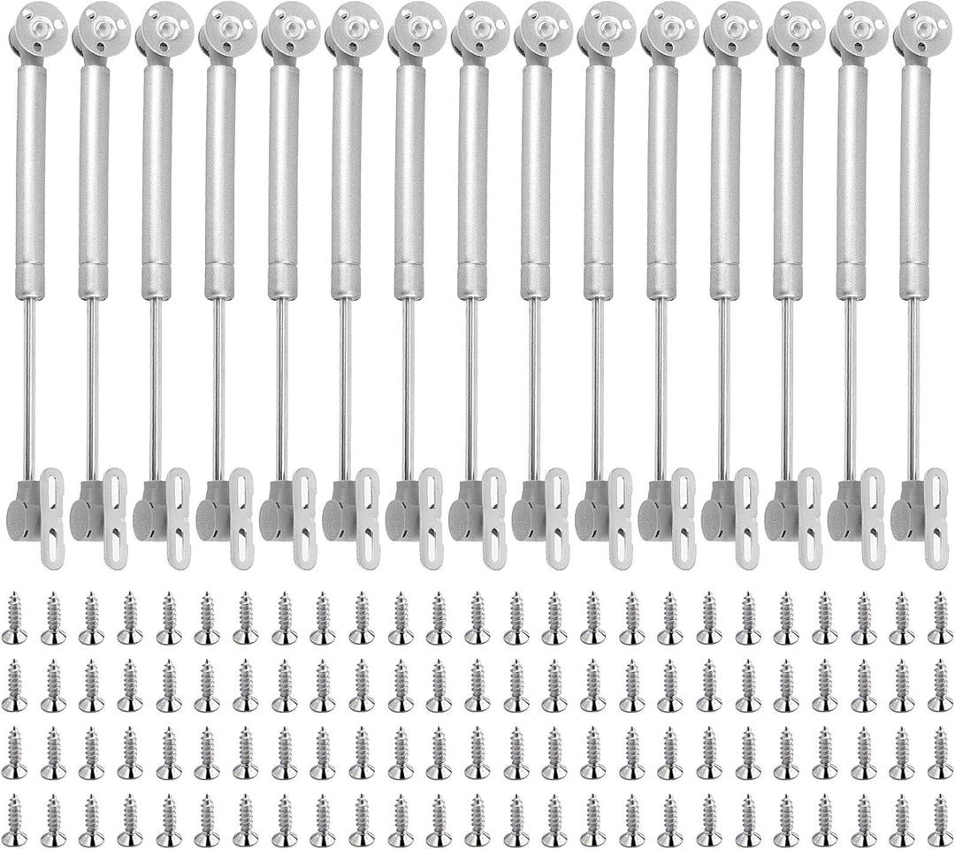 HAKZEON 15 Pack Hydraulic Support Cabinet Hinge, 100N / 22.5LB Gas Strut for Cabinets with 75 Mounting Screws Door Lift Support Gas Spring Kitchen Cupboard Cabinet Hinges, Silve