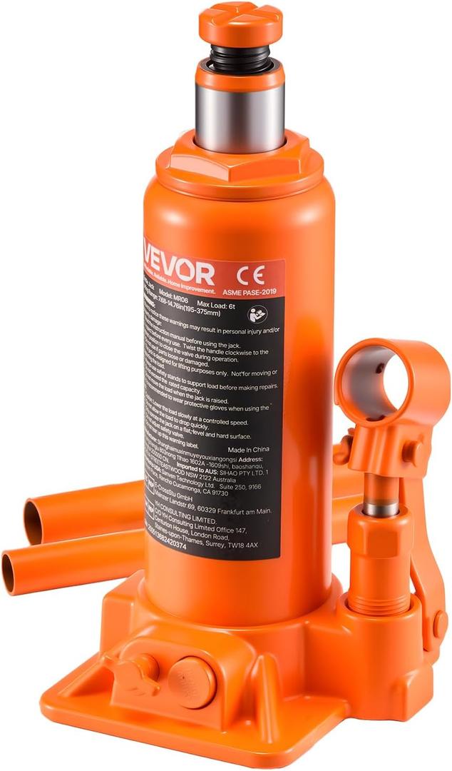 VEVOR Hydraulic Bottle Jack, 6 Ton (13227.6 lbs) Capacity, 7.7-14.8 Inch Lifting Range, Heavy Duty Welded Bottle Jack for Car, SUV, Pickup, Auto Repair, House Lift and Agricultural Equipment, Orange