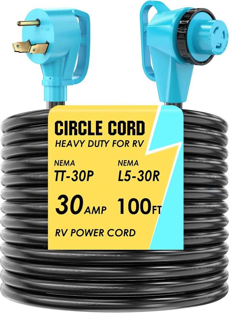 CircleCord 30 Amp 100 Feet RV Power Cord with 90 Right Angle Twist Locking, Heavy Duty 10 Gauge STW Pure Copper Wire with Grip Handle, TT-30P to L5-30R with Cord Organizer for RV Trailer Campers