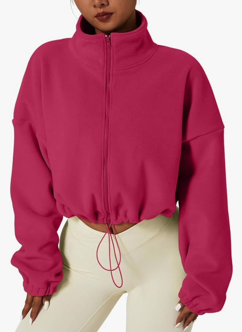 QINSEN Women's Full Zip Fleece Short Jacket Warm Winter Long Sleeve Stand Collar Sherpa Crop Coat S