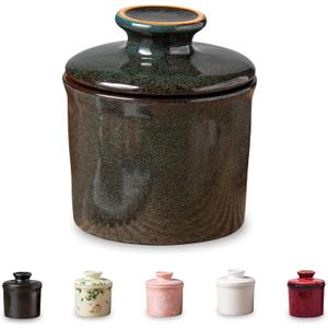 Porcelain Butter Keeper Crock - Ceramic Butter Dish with Water Line for Countertop, Keep Butter Fresh (Greenish Brown)