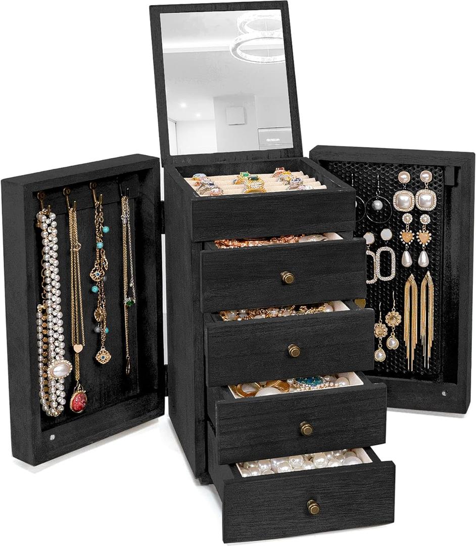 Meangood Jewelry Box Wood for Women, 5-Layer Large Organizer Box with Mirror & 4 Drawers for Rings, Earrings, Necklaces, Black