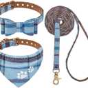 EXPAWLORER Dog Collar and Leash Set - Embroidery Pawprints Plaid Dog Collar and Dog Leash Set, Bow Tie and Bandana Dog Collar, Adorable Collar and Leash for Dogs Cats Outdoor Walking, Blue M