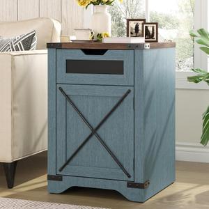 Farmhouse End Table with Charging Station, 26.4" Tall Rustic Nightstand with Drawer and X Barn Door, Country Bedside Sofa Side Table for Living Room, Blue (1 PCS)