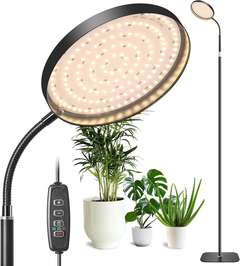 LED Full Spectrum Growing Lights with 3/9/12H Timer, 10 Level Dimmable, Height Adjustable Standing Plant Light for Large Tall Small Plants, Floor Grow Light for Indoor Plant-Matte Black