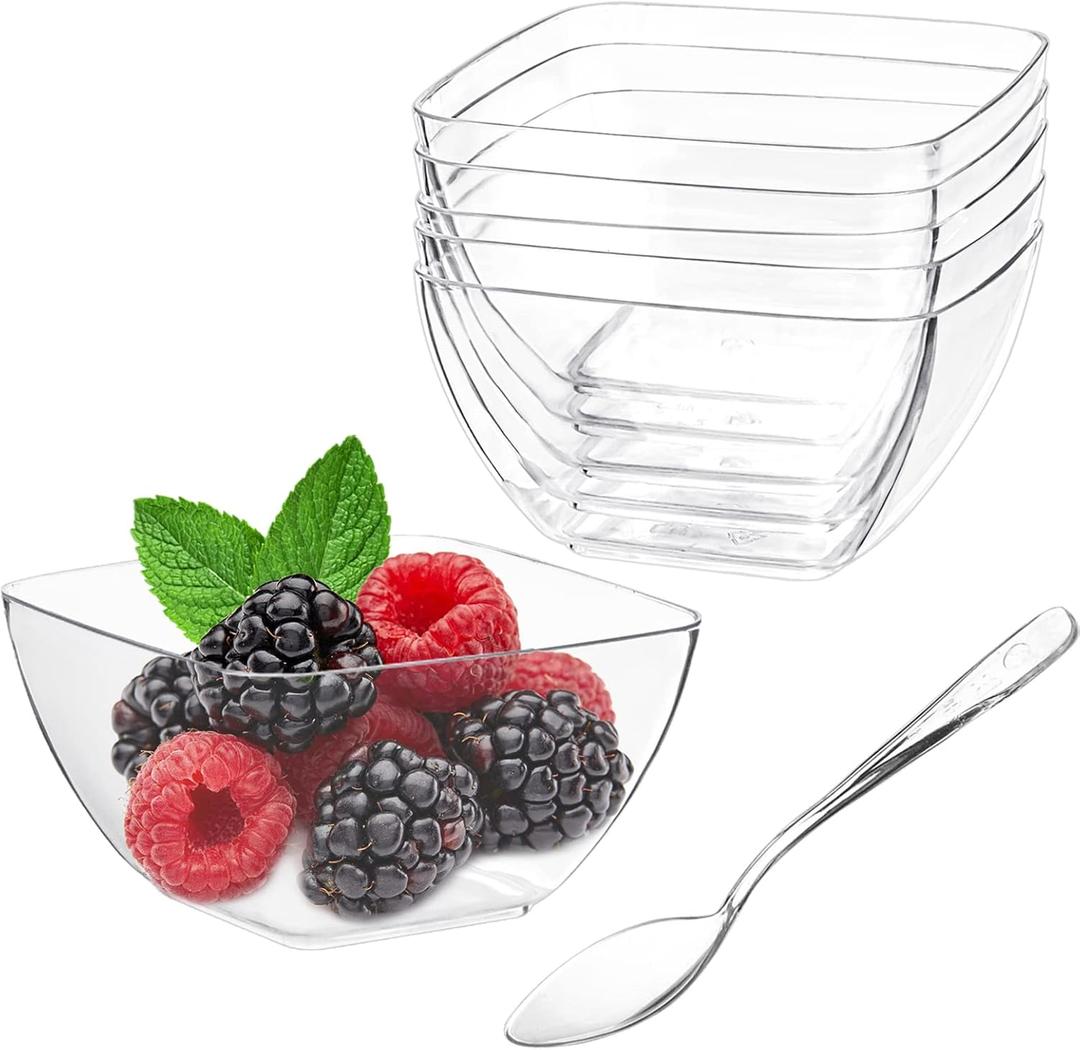 TOFLEN 100ct 2 oz Mini Dessert Cups with Spoons, Clear Plastic Reusable Small Party Serving Cups for Appetizers, Hors D'oeuvres Plates