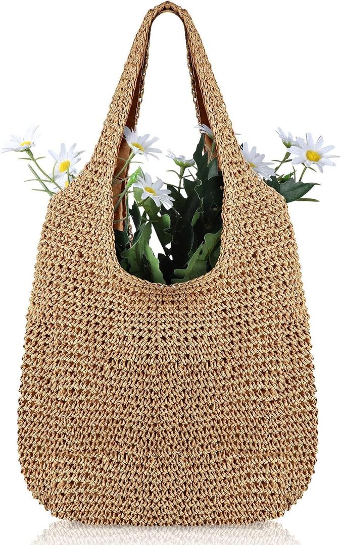 Women Straw Beach Bag Bucket Tote Summer Woven Handmade Handbag Shoulder Bag (Stylish Style,15.75 x 11.81 x 14.17 Inches)