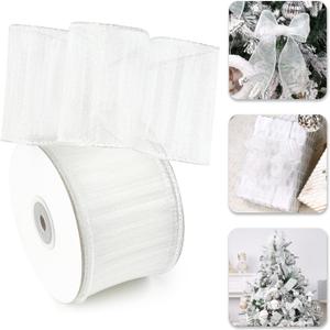White Ribbon Wired 2.5" X 10 Yards White Crinkle Metallic Christmas Ribbon for Tree Decoration Gift Wrapping Wreaths Bows Home Decor Garland Swags