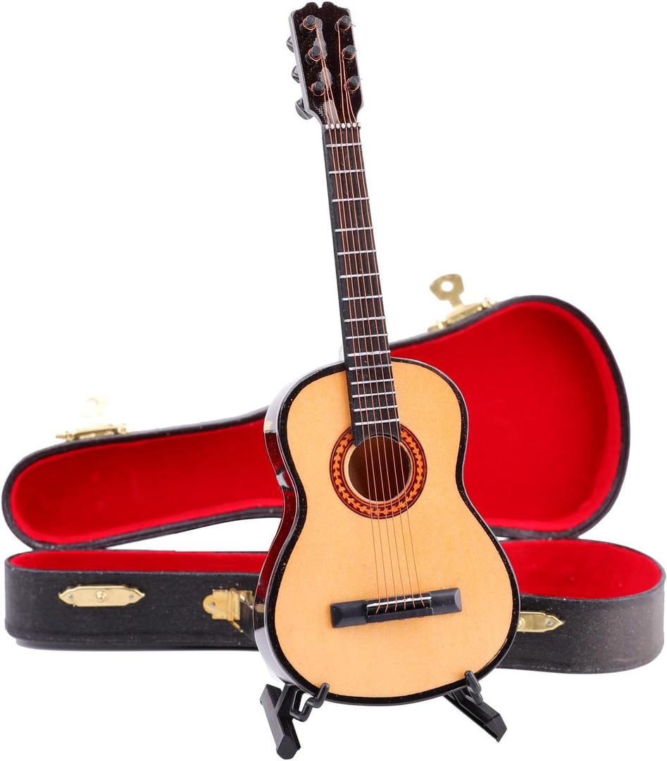 Wooden Miniature Guitar with Stand and Case Mini Musical Instrument Guitar Replica Collectible Figurines Dollhouse Accessories Model Home Decoration Display Ornament (7.87"x2.87"x0.94")