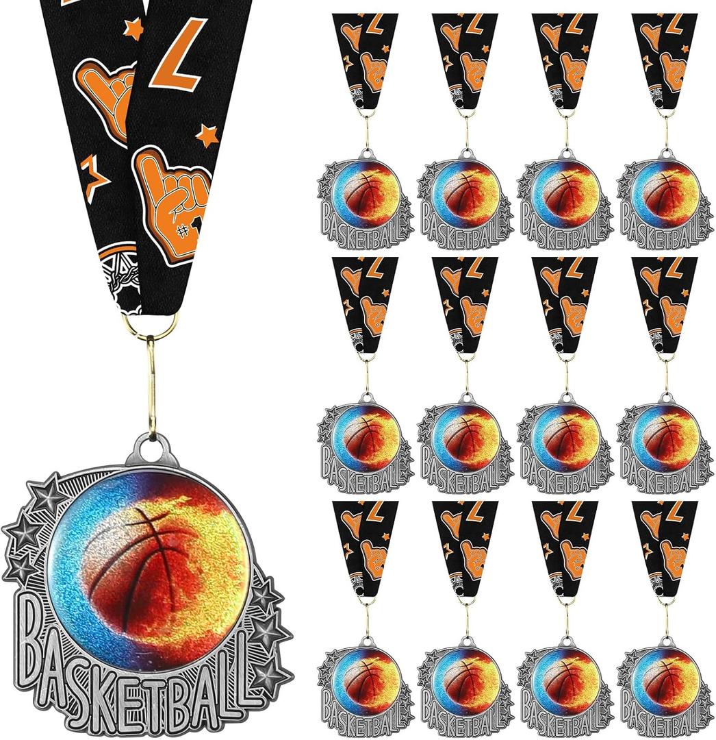 Seenelling 12 Pcs Basketball Medals Metal Award Medals Silver Sport Ball Trophy with Neck Ribbon Prize Gift for Sports Game Participation Themed Party Favors